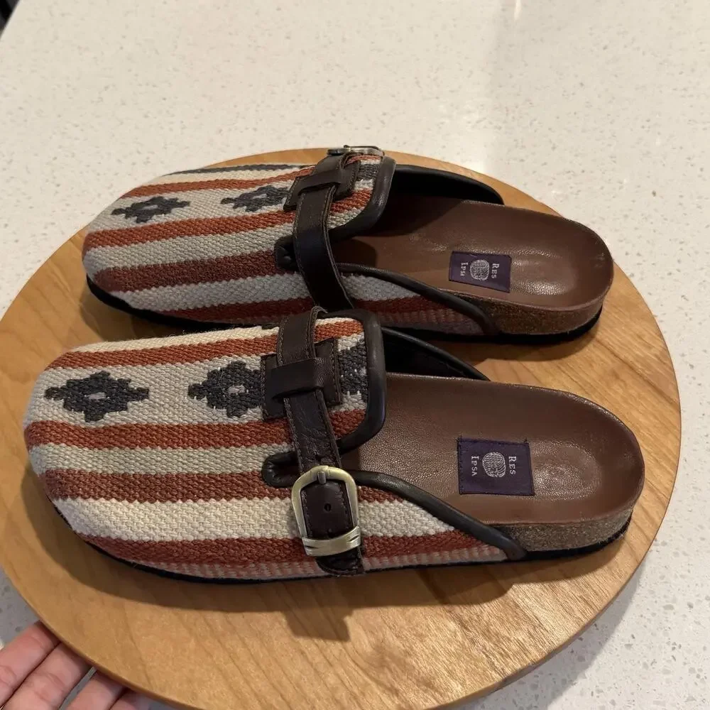 Res Ipsa Clogs Mens 9 Kilim Woven Stripe Buckle Slip On Multi Casual Artsy Boho